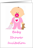 Baby Shower Invitation with baby girl and pacifier holding teddy bear card