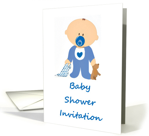 Baby Shower Invitation baby boy with pacifier holding teddy bear card