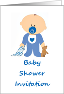 Baby Shower Invitation baby boy with pacifier holding teddy bear card