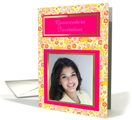 Quinceanera Invitation with hibiscus and pink customizable photo card