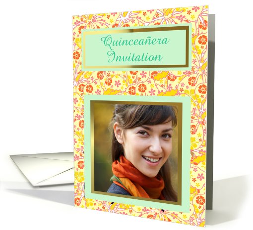 Quinceanera Invitation with hibiscus and mint customizable photo card