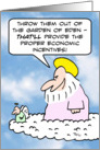 God ejects Adam and Eve from Eden for economic incentives. card