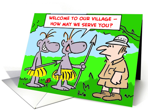 welcome, village, how, may, serve, cannibals card (388935)