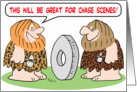 Caveman, wheel, chase, scenes card