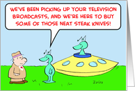 Aliens, steak, knives, tv card