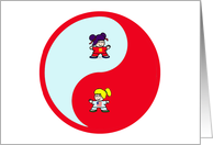 Cute girls on Yin-Yang symbol of T’ai Chi. card