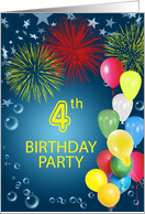 Balloons and Fireworks 4th Birthday Party card