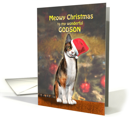 Godson, a Cute Cat in a Christmas Hat. card (1288272)