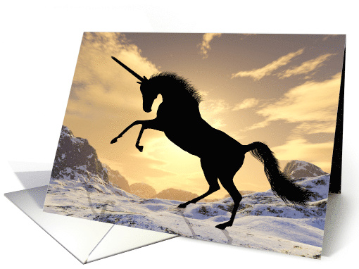 Unicorn prancing in the snow with a sunset blank card (195866)