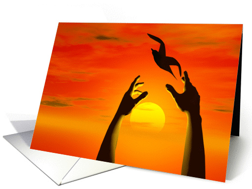 Releasing a bird into a glorious sunset card (252602)