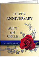 1st Wedding Anniversary Aunt and Uncle with a Red Rose card