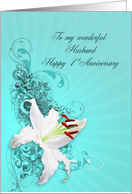 1st Anniversary, Husband,Lily and Swirls card