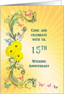 15th Wedding Anniversary Party, Daisies and Butterflies card