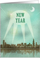 New Year Party Retro City Movie Poster with Spotlights card
