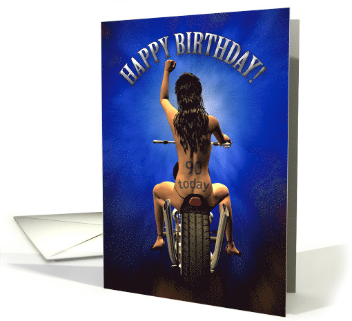 90th Birthday Sexy Girl on Motorbike Age Tattoo on her Back card