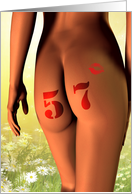 57th birthday card, a girl with a tattoo on her bottom card