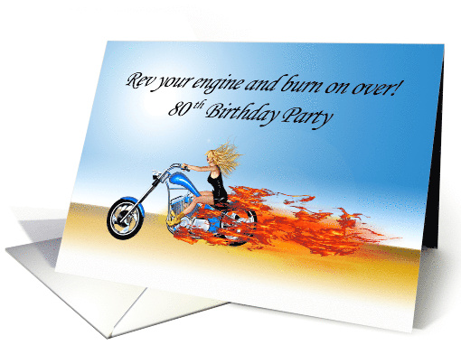 80th Birthday party with a Blonde Riding a Burning Motorbike card