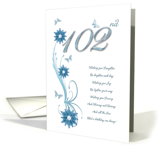 102nd Birthday with Flowers and Butterflies card (907228)