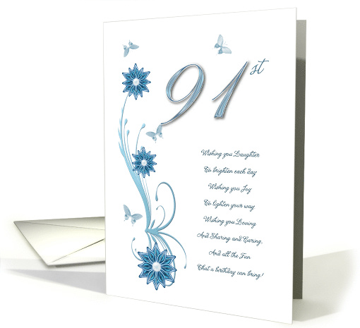 91st Birthday with Flowers and Butterflies card (907241)
