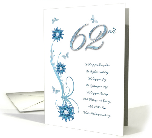 62nd Birthday with Flowers and Butterflies card (907520)
