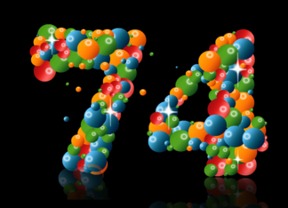 74th birthday party invitation with numbers formed from balls