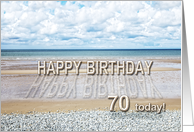 70th Birthday, Beach with 3D sand letters card
