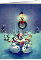 SINGING SNOWMEN Carolers at Christmas under Street Lantern card
