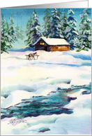 Winter Log Cabin & Horse. Missing You card