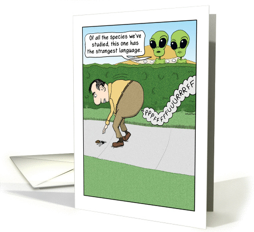 Funny Strange Language Birthday, Two Aliens, Farting Earthling card