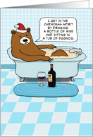 Funny Bear Drinking Wine in Bathtub Christmas card