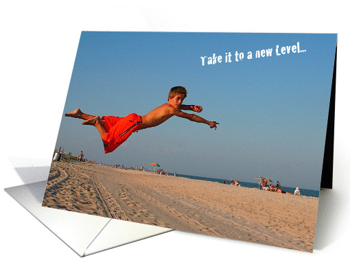 Encouragement, boy leaping on beach card (522714)