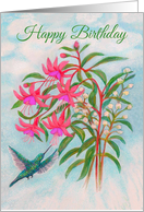 Happy Birthday Hummingbird with Fuchsia Flowers card