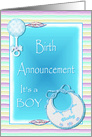 Birth Announcement Baby Boy With Blue Bib And Rattle card