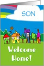 Welcome Home For Son With Houses Cloud And Rainbow card