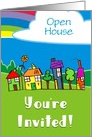 Invitation To An Open House With Houses Cloud And Rainbow Custom Card