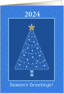 Season’s Greetings Christmas Tree Blue Gold Ornaments Year 2024 card