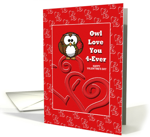 Owl Love You 4-Ever Owl With Rose Sitting On Hearts card (1030829)