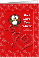 Owl Love You 4-Ever Owl With Rose Sitting On Hearts card