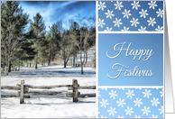 Happy Festivus Card With Evergreen Trees and Snowflake Design card