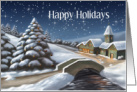 Holiday Snow Scene With Church And Bridge card