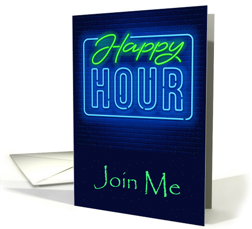 Happy Hour Invitation For Drinks With Green And Blue Neon Sign card