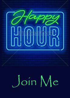Happy Hour Invitation For Drinks With Green And Blue Neon Sign