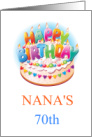 Happy Birthday Nana’s 70th Cake With Colorful Lettered Candles card