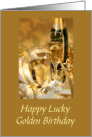 Golden Lucky Birthday With Champagne Filled Glasses And Gold Ribbons card
