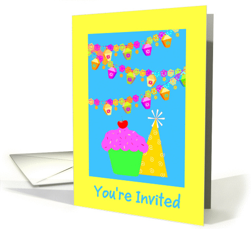 Invitation Birthday Party For Kids-Cupcake-Hat And Decorations card
