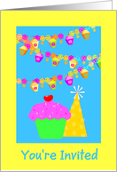 Invitation Birthday Party For Kids-Cupcake-Hat And Decorations card