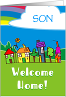 Welcome Home For Son With Houses Cloud And Rainbow card