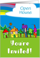 Invitation To An Open House With Houses Cloud And Rainbow Custom Card