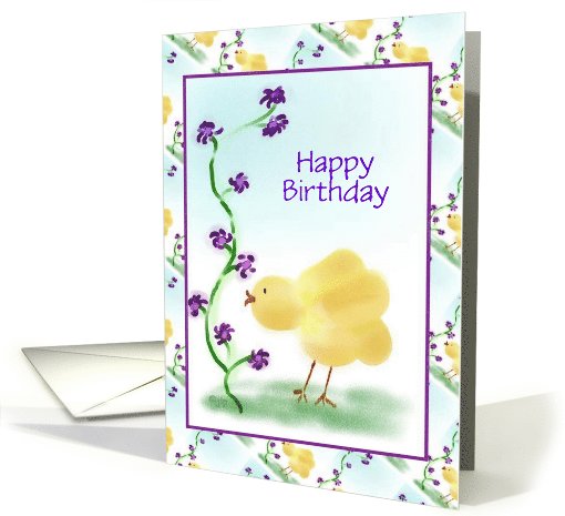 Happy Birthday/Little Yellow Chick With Purple Flowers card (292315)