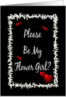 Be My Flower Girl-Sister-Red Hearts and Rice on Black Background. card